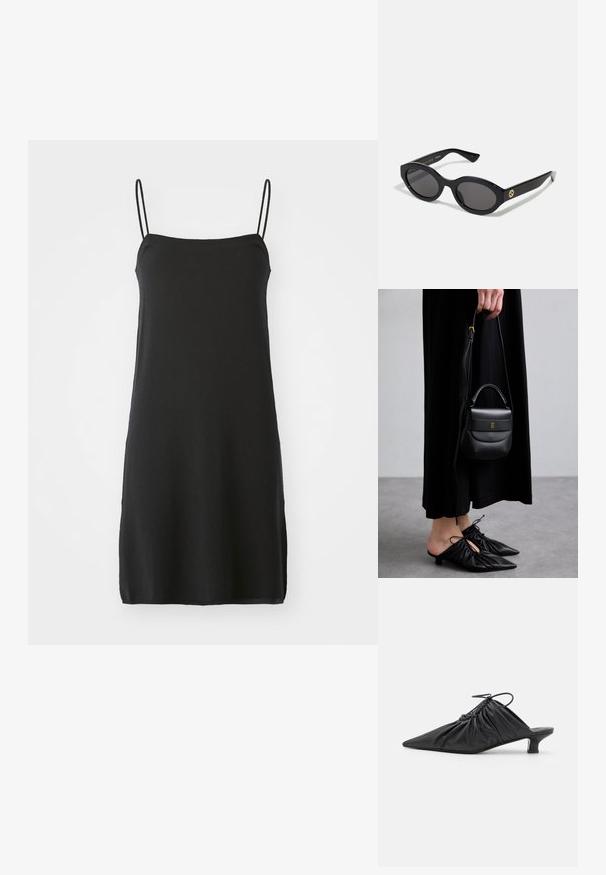 Černé bezrukávové šaty s tenkými ramínky, vyrobené z měkké tkaniny. Rovný střih, délka ke kolenům, s jednoduchým, jednobarevným provedením bez vzorů.; Černé kožené slip-on mule s špičatou špicí, shromážděnou texturou a malým podpatkem. Vlastnosti zahrnují stahovací detail na otvoru.; Černé oválné sluneční brýle s tmavými skly a lesklým plastovým rámem. Obsahují zlaté logo na straně, které poskytuje elegantní a moderní design.; Malá černá kožená kabelka s zaobleným tvarem, horním madlem a odnímatelným popruhem. Nositelná s černými látkovými šaty a černými plisovanými botami.