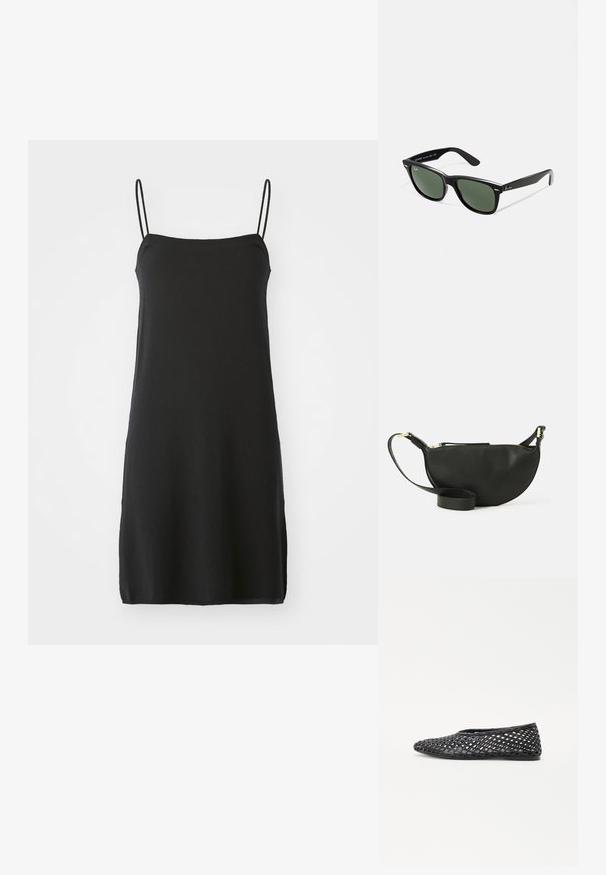 Must olemata musta peata kattega kleit õhukeste rihmadega, valmistatud pehmest kangast. Sirge lõikega, põlvekõrgune disain, lihtne, ühtlane värv ilma mustriteta.; Must mustravi kingad mustriga jaotusega, lamedate taldadega ja siledast kummimaterjalist, pakkudes hingavust ja paindlikkust.; Mustad mustan plastiku prillid roheliste läätsedega, ruudukujulised raamid, hõbedane aksent kulmude peal ja tekstuuriga tempelkäed. Brändi nimi on märgitud sisevarrele.; Mustmust kott poolkuu kuju, tekstuurse pinnaga, kuldne tõmblukk ja lame rihm. Kompaktne disain, mis sobib igapäevaste essementide jaoks.