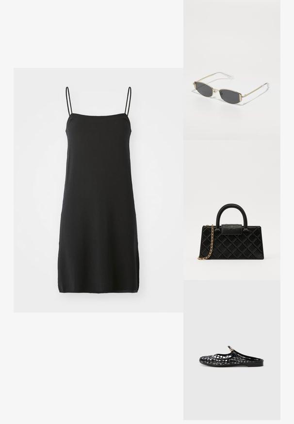 Czarna sukienka bez rękawów z cienkimi ramiączkami, wykonana z miękkiego materiału. Prosty krój, długość do kolan, charakteryzuje się jednolitym kolorem bez wzorów.; Tory Burch MELLOW czarny; Złote okulary przeciwsłoneczne o owalnym kształcie, z ciemnoszarymi soczewkami i przezroczystymi zausznikami. Posiadają dekoracyjne akcenty na oprawie.; Czarna torebka wykonana z fakturowanej skóry, z wzorem w romby, złotą łańcuszkową rączką oraz górnym uchwytem z klapą z wytłoczonym logo.