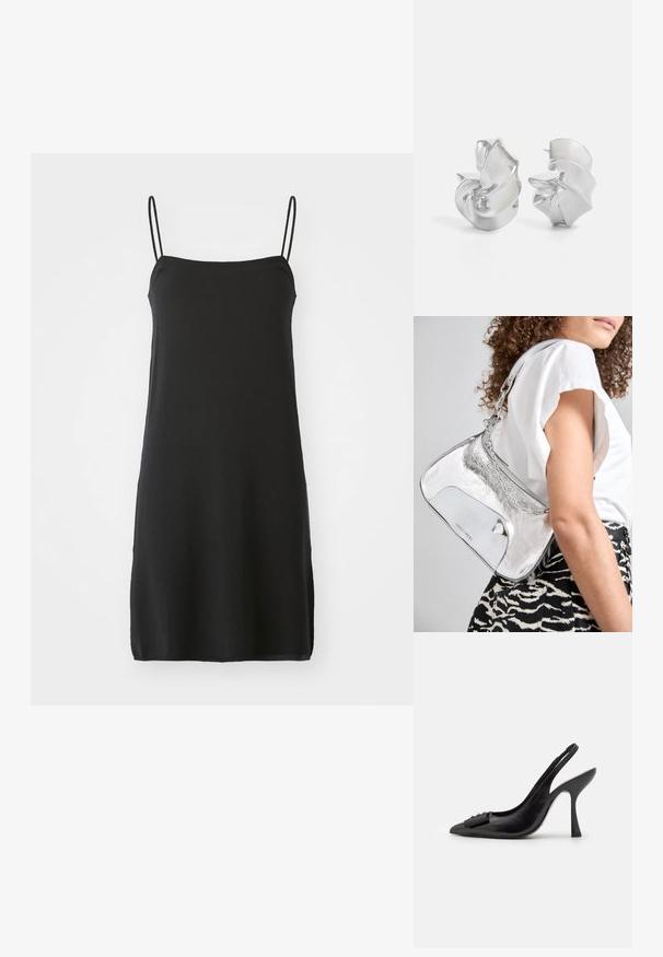 Juoda berankovė suknelė su plonomis petnešomis, pagaminta iš minkštos medžiagos. Tiesus kirpimas, iki kelių siekianti išvaizda, pasižymi paprasta, vientisa spalva be raštų.; Juoda odinė slingback tipo avalynė su smailiu pirštu, siauru aukštu kulnu ir dekoratyvine kaspino akcentu. Lygi tekstūra ir elegantiškas dizainas.; Sidabro spalvos metalinė peties kuprinė su lygiu paviršiumi, išlenkta forma, grandinėlės rankena ir blizgiu priekiu, kuriame subtiliai išgraviruotas logotipas.; Sidabriniai auskarai su tekamu, spiraliniu dizainu. Lygus paviršius su blizgiu apdaila. Yra švelni blizgesys ir jokie matomi papuošimai.