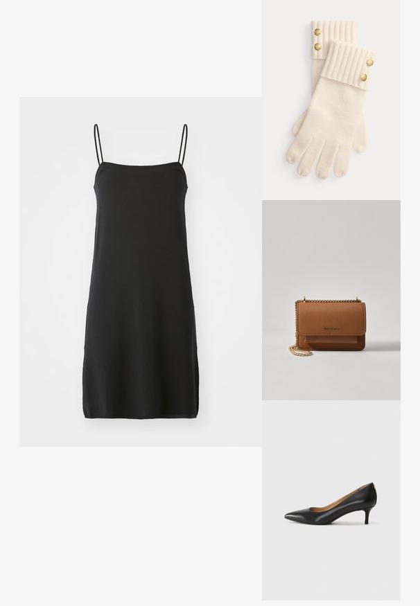 Černé bezrukávové šaty s tenkými ramínky, vyrobené z měkké tkaniny. Rovný střih, délka ke kolenům, s jednoduchým, jednobarevným provedením bez vzorů.; Černé kožené lodičky s špičatou špičkou, nízkým podpatkem a hladkým povrchem. Mají mírné otevření vpředu a minimální kovové prvky na zadní straně.; Hnědá texturovaná kožená kabelka přes rameno se zlatým řetízkovým popruhem a klopnovým uzavíráním. Přední strana obsahuje detail loga a kapsu pod klopou.; Krémové vlněné rukavice s žebrovanými manžetami, na vrcholu každé manžety se nacházejí dvě ozdobné zlaté knoflíky. Měkká textura s otvory pro prsty.