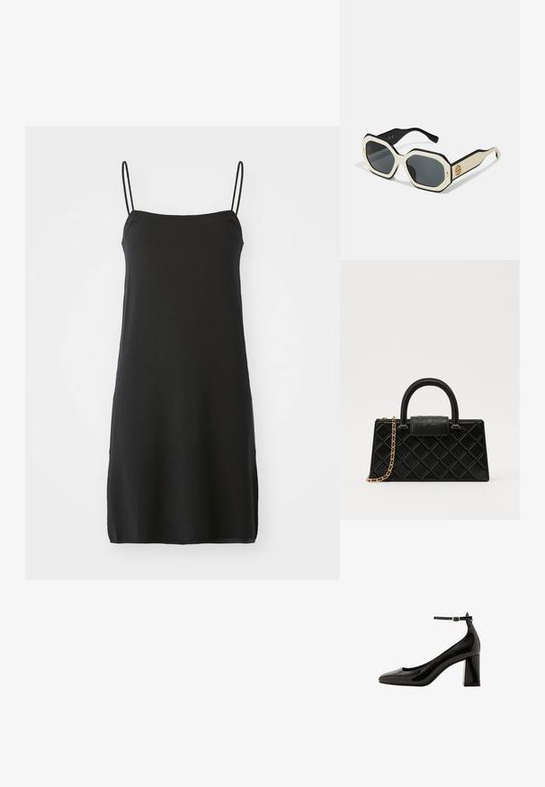 Mustat hihattomat mekot, joissa on ohuet olkaimet ja pehmeä kangas. Suora leikkaus, polvipituinen muotoilu, joka sisältää yksinkertaisen, yksivärisen ilman kuvioita.; Musta lakattu nahka avokkaat nilkkahihnalla, kiiltävä pinta, terävä kärki ja paksu lohkare korko. Tasainen pinta, minimaalinen yksityiskohtaisuus.; Aurinkolasit, joissa on oktaalinen valkoinen kehys, mustat reunat ja harmaat linssit. Kullanvärinen logotietue sivussa lisää yhtenäisen akcentin.; Mustaväri käsilaukku, joka on valmistettu teksturoidusta nahasta ja jossa on timanttikuvio, kultasävyinen ketjuolkaintassa ja pääkahva, jossa on logolla painettu läppä.