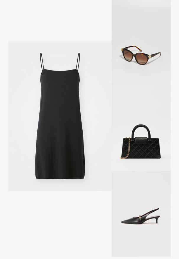Rochie neagră fără mâneci, cu bretele subțiri, realizată dintr-un material moale. Design drept, de lungime până la genunchi, cu un model simplu, de o culoare solidă, fără modele.; Sandale cu toc slingback din piele neagră, cu vârf ascuțit, toc subțire și un accent auriu lângă curea. Textură netedă și design simplu.; Ochelari de soare din scoică cu formă de fluture, lentile brune în degradé și accente aurii în față, având brațe subțiri cu un finisaj lucios.; Geantă de mână neagră din piele texturată, cu un model în diamant, curea din lanț cu ton auriu și un mânere superior cu o închidere cu clapetă embosată cu logo.; Cercei aurii cu un design curbat și fluid. Fiecare cercei are o suprafață netedă și un mic sistem de prindere cu un detaliu decorativ.