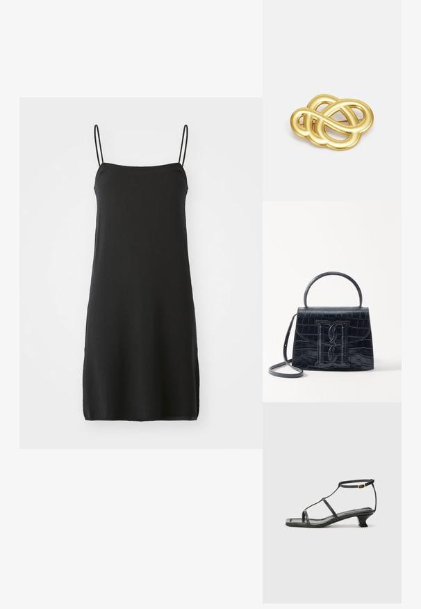 Čierne šaty bez rukávov s tenkými ramienkami, vyrobené z mäkkej tkaniny. Priamy strih, s dĺžkou po kolená, s jednoduchým, jednofarebným dizajnom bez vzorov.; Čierna kožená sandála so štvorcovou špičkou, tenkými popruhmi, nastaviteľným pásikom okolo členka a nízkym podpätkom. Obsahuje malý zlatý akcent na popruhu.; Čierna kabelka z krokodílovej embosovanej kože so štruktúrovaným dizajnom, horným uchom, nastaviteľným popruhom a výrazným predným logom.; Brošňa v zlatej farbe s uzlovým dizajnom, hladkými, zakrivenými líniami a zložitým tvarom, ktorá odráža leštený povrch.