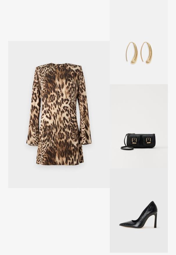 Leopardmønster kjole med lange ermer, rund hals og en glatt, satinaktig tekstur i nyanser av beige og brunt.; Sorte spiss-tå høye hæler med krokodilleskinn tekstur, har et elegant design, høy stiletthæl og glatt svart interiør.; Svart skinn crossbody veske med to frontlommer, gyldne spenner, glidelåslukking og en slank stropp. Teksturert overflate og kompakt rektangulær form.; Gullfargede metalløredobber med en buet, forlenget form. Har en jevn, blank overflate og en avrundet tupp for ekstra detaljer.