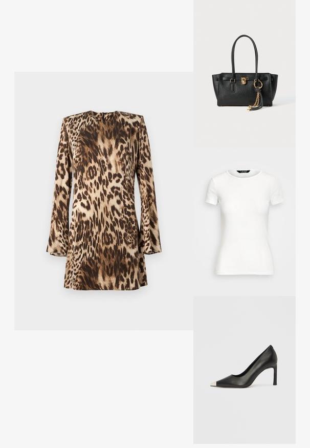 Leopard print dress featuring long sleeves, round neckline, and a smooth, satin-like texture in shades of beige and brown.; White cotton T-shirt with short sleeves, round neck, fitted design, and smooth texture. Logo tag at neckline.; Black leather high heel shoe with a pointed toe and a metallic silver cap. Features a smooth finish and a slender 10 cm heel.; Black leather handbag with double handles, gold lock and chain detail, and black-and-white tassel accessory against white background.