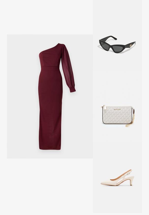 Bordowa wieczorowa sukienka z asymetrycznym dekoltem, z dopasowanym gorsetem i długim, przezroczystym rękawem balonowym. Gładka faktura, długość do podłogi.; Biała szpilka slingback z ostrym noskiem, gładkim materiałem wierzchnim, niskim obcasem blokowym oraz wycięciami po bokach i regulowanym paskiem z klamrą.; Okulary przeciwsłoneczne w kształcie kocich oczu z matową czarną oprawką z plastiku, ciemnymi soczewkami oraz złotym akcentem z logo na zausznicy. Kanciasty kształt i gładka tekstura.; Portfel na nadgarstek marki Michael Kors w beżowej, pokrytej płótnem, z powtarzającym się wzorem logo MK, złotym okuciem i odpinanym łańcuszkowym paskiem.
