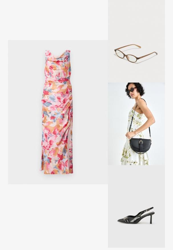 Robe à imprimé floral dans des teintes de rose, orange et bleu, dotée d'un décolleté drapé et de fronces sur le côté, fabriquée en tissu léger.; Chaussure slingback en cuir verni noir avec un embout pointu, des brides de cheville avec des boucles en argent et des éléments en métal, et un talon fin.; Lunettes en écaille de tortue marron avec des verres ovales, des branches fines et des accents transparents. Présente un logo subtil sur la branche. Design élégant et léger.; Sac à main en cuir noir avec une forme courbée, bandoulière amovible et des accessoires en or. Le sac est doté d'un rabat avec un détail de boucle.