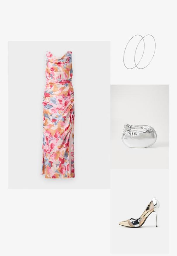 Blumenbedrucktes Kleid in Rosa-, Orange- und Blautönen, mit drapiertem Ausschnitt und Raffung an der Seite, aus leichtem Stoff gefertigt.; Spitz zulaufender High-Heel-Schuh in einer Farbgestaltung aus Silber, Gold und Nude. Glänzende Oberfläche mit Ausschnittdesign und stiletto Absatz.; Silberne metallic Pouch-Tasche mit einer sanften, abgerundeten Form und einem geknoteten Verschluss oben. Hergestellt aus glattem Kunstleder.; Silberne Creolen mit minimalistischem Design. Rundform, glatte Oberfläche und dünnes Profil. Leichtgewichtig mit hochglänzender Oberfläche.