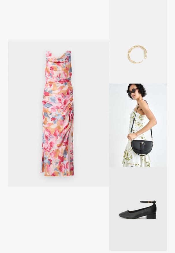Robe à imprimé floral dans des teintes de rose, orange et bleu, dotée d'un décolleté drapé et de fronces sur le côté, fabriquée en tissu léger.; Escarpin en cuir noir avec un bout pointu et un petit talon bloc. Doté d'une bride de cheville avec une boucle dorée. Texture lisse.; Sac à main en cuir noir avec une forme courbée, bandoulière amovible et des accessoires en or. Le sac est doté d'un rabat avec un détail de boucle.; Bague en or ornée d'un design organique et torsadé, avec une texture lisse et des extrémités effilées, créant une apparence moderne et sculpturale.