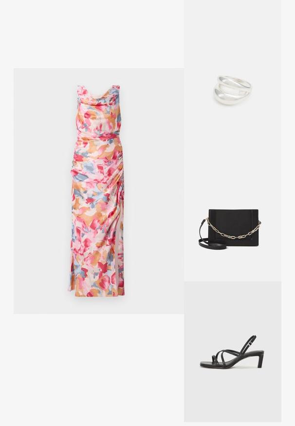 Robe à imprimé floral dans des teintes de rose, orange et bleu, dotée d'un décolleté drapé et de fronces sur le côté, fabriquée en tissu léger.; Sandale noire à lanières avec un bout carré et un petit talon bloc. Elle présente plusieurs fines lanières et une sangle de cheville ajustable. Fabriquée en cuir lisse.; Sac bandoulière en cuir noir avec une texture lisse, de forme rectangulaire et un détail en chaîne métallique à l'avant. Sangle réglable incluse.; Bague en argent à double bande avec une surface lisse et polie. Présente un design fluide et courbé avec des sections qui se chevauchent pour un look moderne.