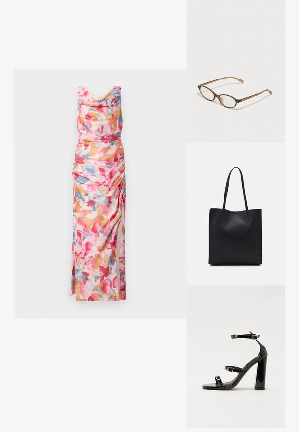 Šaty s květinovým potiskem v růžových, oranžových a modrých tónech, s volným výstřihem a na boku nařasením, vyrobené z lehké látky.; Černé lakované sandály na podpatku se čtveratou špičkou, lýtkovými pásky a stříbrnými přezkami. Disponují masivním blokovým podpatkem pro stabilitu.; Hnědé želvovinové brýle s oválnými skly, tenkými bočními nohami a průhlednými akcenty. Obsahují decentní logo na stranu. Elegantní, lehký design.; Černá kožená taška přes rameno s hladkým povrchem, obdélníkovým tvarem a dvěma dlouhými uchy. Žádné viditelné kování ani ozdoby.