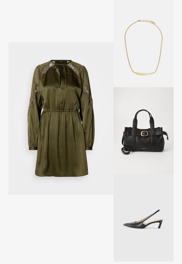 Rochie de culoare verde olive din satin, cu mâneci lungi, accente de dantelă pe umeri, decolteu cu șnur și talie elastică. Textură netedă.; Pantof cu toc mic, cu vârf ascuțit și slingback, realizat din piele netedă, având un design decupat pe lateral pentru respirabilitate.; Geantă de mână din piele neagră, cu un design structurat, mânere superioare duale, accent cu cataramă aurie și logo-ul brandului embosat în față.; Colier placat cu aur, cu un accent central neted și curbat. Dispune de o chaină flexibilă cu un închizător tip homar și link-uri suplimentare ajustabile.