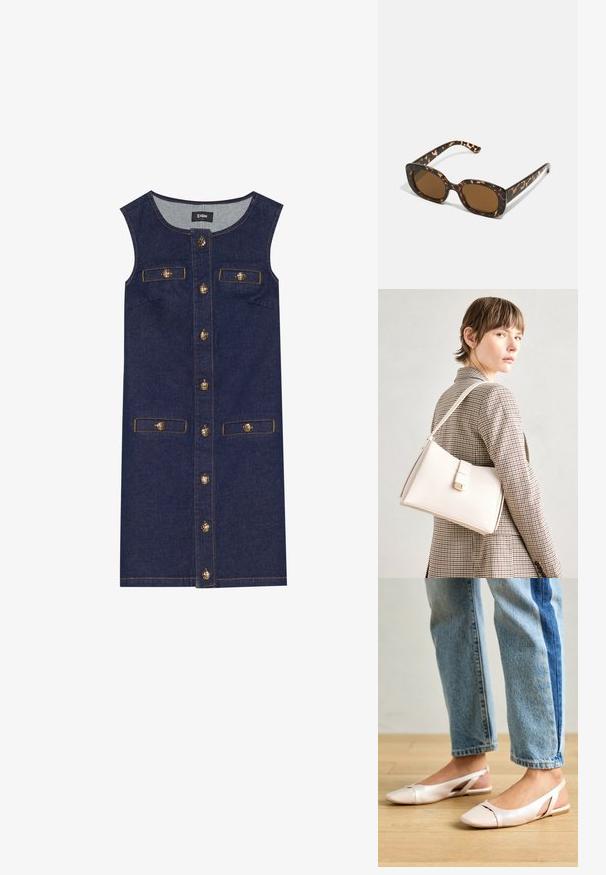 Denimkleit ilma varrukateta kujundusega, tumesinine värv, esisel nööpide sulgemine ja kaks taskut. Kuldse tooni nupudetailid ja õmbluste aktsendid.; Kahvatu roosa slingback lapikute jalatsite paar, millel on terav varvas, valmistatud siledast nahataolisest materjalist. Omab külgedel lõikekohti ja lapikut kontsa.; Kilpkonnakilbi päikeseprillid ümmarguse, paksu raamiga ja pruunide läätsedega. Omab peeneid mustreid ja sirgeid, kitsenevaid käsi.; Valge nahast käekott struktureeritud disainiga, millel on magnetlukk ja õlavarre rihm, esitletud neutraalse tausta ees.; Selge ja merevaigu pringi, üks sile ja läbipaistev, teine tekstuurse, merevaigu viimistlusega. Mõlemad omavad ümarat, tugevat disaini.