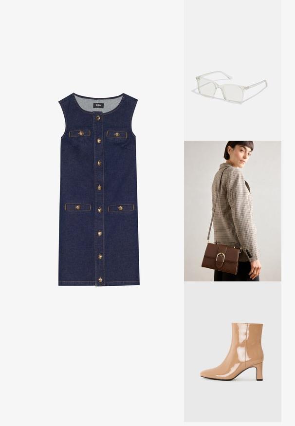 Dongerikjole med ermeløs design, mørkeblå farge, frontlukking med knapper og to lommer. Detaljer med gullfargede knapper og stikninger.; Nude patent ankelstøvler med spiss tå, en skinnende finish og en middels høy blokkhel. Glatt tekstur og strømlinjeformet silhuett.; Klare plastiske briller med kvadratisk innfatning og gjennomsiktige linser, med gullfiner på brillestengene for ekstra detalj.; Brun lærcrossbody-veske med gullfarget spenne, rektangulær form, glatt tekstur og avtagbar stropp.