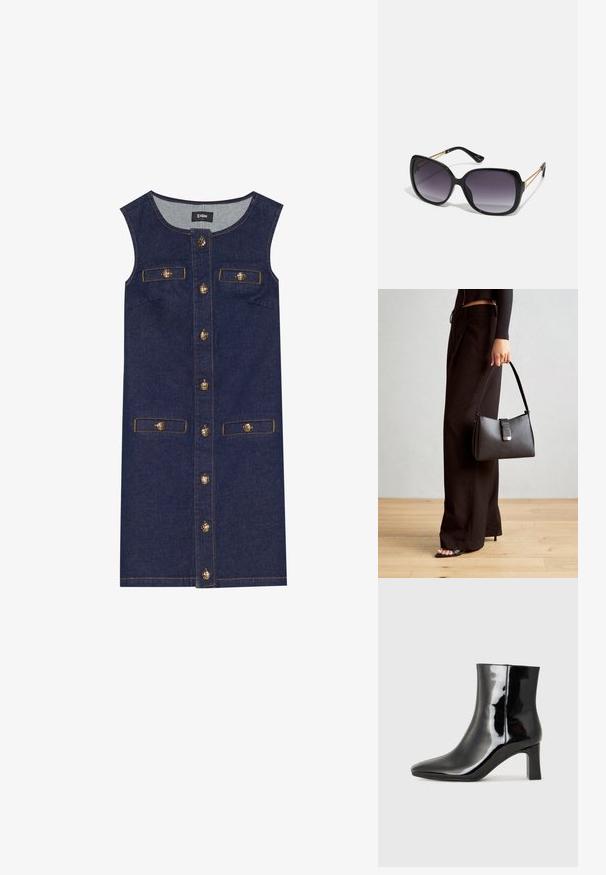 Dongerikjole med ermeløs design, mørkeblå farge, frontlukking med knapper og to lommer. Detaljer med gullfargede knapper og stikninger.; Sorte patentlær ankle boot med spiss tå og en mellomhøy blokkhelt. Glatt tekstur og minimalistisk design.; Sorte oversized solbriller med gradient linser, tykke rammer og detaljering med gulltonekjede på tempelarmene.; Svart håndveske med strukturert form, jevn tekstur og metallisk lås. Kombinert med brede svarte bukser og sandaler med åpen tå på tregulv.