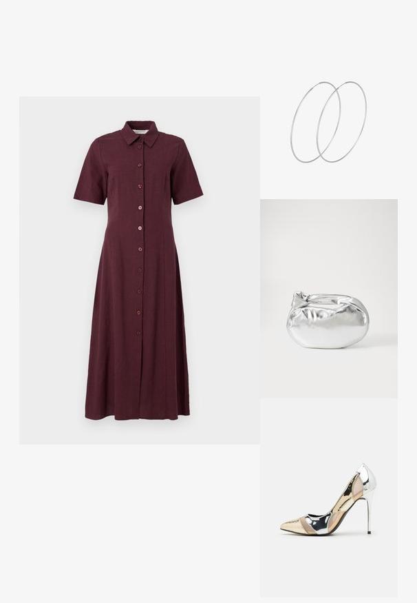 Burgunderfarbenes Hemdblusenkleid mit kurzen Ärmeln, Kragen und einem knöchellangen Rock, der eine gerade Silhouette und eine glatte Stofftextur aufweist.; Spitz zulaufender High-Heel-Schuh in einer Farbgestaltung aus Silber, Gold und Nude. Glänzende Oberfläche mit Ausschnittdesign und stiletto Absatz.; Silberne metallic Pouch-Tasche mit einer sanften, abgerundeten Form und einem geknoteten Verschluss oben. Hergestellt aus glattem Kunstleder.; Silberne Creolen mit minimalistischem Design. Rundform, glatte Oberfläche und dünnes Profil. Leichtgewichtig mit hochglänzender Oberfläche.