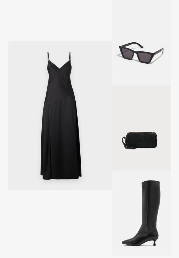 Mustmust kleit õhukeste reguleeritavate nappide õlapaeltega, millel on geomeetriline disain ja voolav siluett. Sile tekstuur ja mati viimistlusega.; Zign Saapad - black; Mustad mustrakellad, millel on hallid šabloonid; valmistatud plastist, paksude ja siledate kätega, ilma nähtava riistvarata.; Mustan sametist käsipakiga kotike, millel on tõmblukuga sulgemine ja eemaldatav randme rihm. Omab kuldse tooni riistu ja sileda, mati tekstuuri.