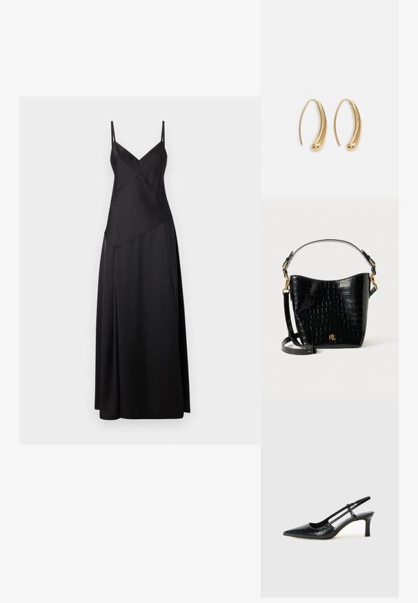 Mustapukuinen maksimekko ohuiden säädettävien hihnojen kanssa, joka esittelee geometrisen kuvion ja virtaavan siluetin. Sujuva pinta, jossa on matta viimeistely.; Musta patent slingback-kiilakorko teräväkärkisellä muotoilulla, jossa on teksturoitu käärmeennahkakuosi, säädettävä remmi ja lyhyt, teksturoitu blokkiheel.; Musta krokotiilinjäljitelmästä valmistettu laukku, jossa on kaareva muoto, kultaiset yksityiskohdat, säädettävä olkahihna ja logotiedot edessä.; Korvakorut kultasävytteistä metallista, joissa on kaareva, pitkänomainen muoto. Ominaisuuksiin kuuluu sileä, kiiltävä pinta ja pyöreä kärki lisäyksinä.