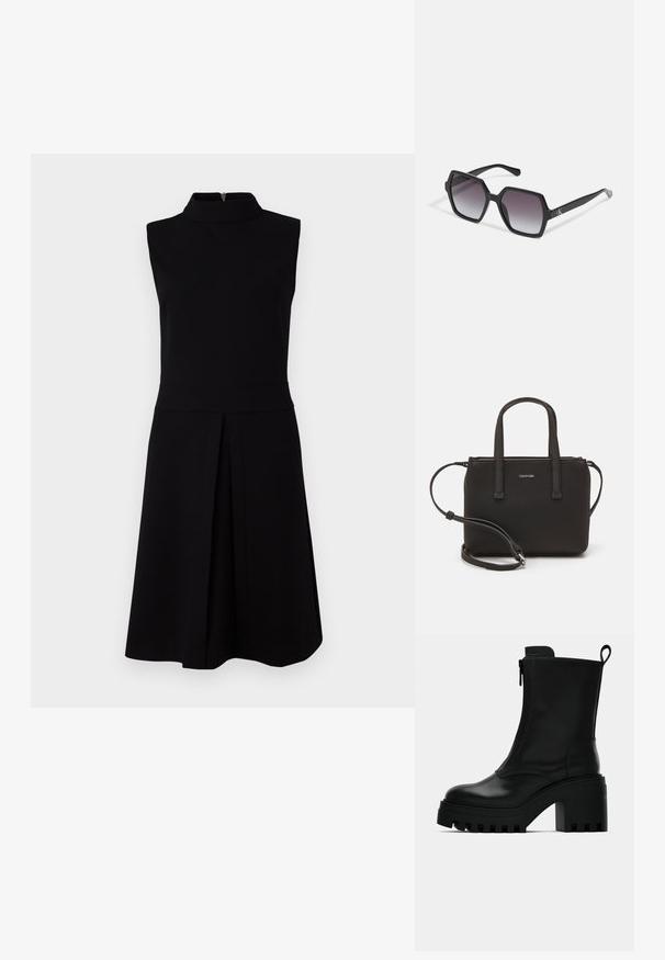 Černé bezrukávové šaty s vysokým výstřihem, přiléhavým tělem a plisovanou sukní. Hladká látka s kapsou na zip na zádech.; Černá kožená kotníková bota s robustní podrážkou, blokovým podpatkem, bočním zipem a poutkem na zadní straně na čistém bílém pozadí.; Černé hexagonální sluneční brýle se stupňovitou čočkou, s lesklým povrchem a jemným logem na spánku. Odolná plastová konstrukce.; Černá kabelka s dvojitými krátkými uchy a odnímatelným ramenním popruhem. Hladký koženkový materiál s uzávěrem na zip a detailem loga.