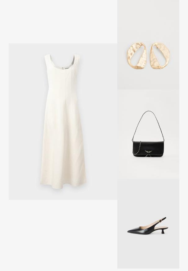 Vestido branco sem mangas com decote redondo, corpete ajustado e saia fluida. Apresenta costuras verticais e um fecho invisível nas costas.; Sandal de salto kitten em couro preto com bico pontudo e fivela dourada na correia lateral, em fundo branco.; Saco de couro preto com uma alça de corrente prateada, apresentando ornamentos em forma de asas e costura branca ao longo da costura inferior.; Par de brincos irregulares em forma oval, feitos de metal dourado, com uma superfície texturizada e ligeiramente martelada, sobre um fundo branco.