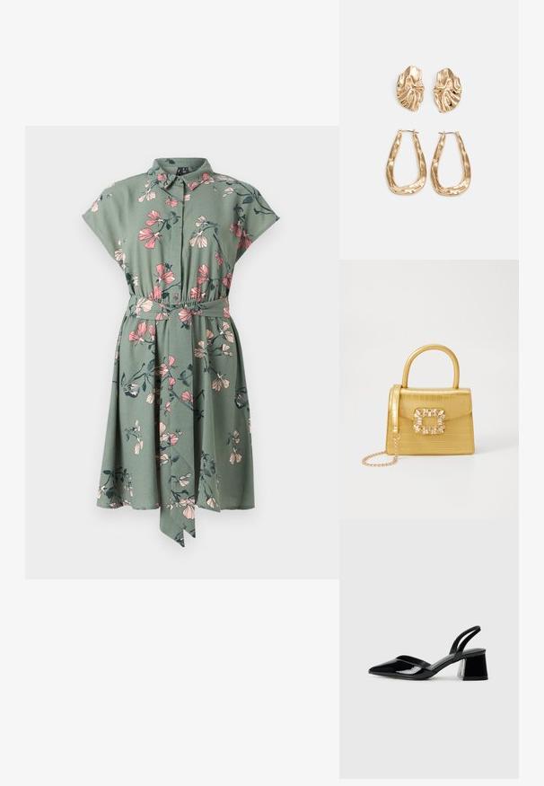 Rochie cămașă verde din material cu imprimeu floral în nuanțe de roz și verde închis. Prezintă mâneci scurte și unaccent legat la talie.; Pantofi cu toc slingback din piele lacuită neagră, cu vârf ascuțit și toc geometric. Prezintă un design elegant, minimalist și o textură netedă.; Geantă galbenă din faux-crocodil cu un design structurat, mână superioară, curea detașabilă cu lanț și embellisment decorativ cu cristale pe închidere.; Cercei aurii cu forme texturate și ondulate. Include studs sculpturale cu clip și un design de cerc deschis cu un finisaj cioplit.