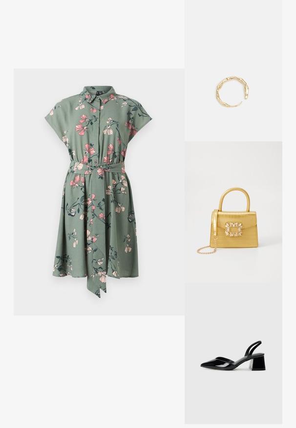 Pogu krekla kleita zaļā audumā ar rozā un tumši zaļu ziedu rakstu. Iezīmējas ar īsām piedurknēm un pieglaustu vidukli.; Melna lakota āda ar atvērto papēdi, ar smailu purngalu un ģeometrisku blokpapēdi. Iezīmējas elegants, minimāls dizains un gluda tekstūra.; Dzeltena mākslīgā krokodila roku soma ar strukturētu dizainu, augšējo rokturi, noņemamu ķēdes siksniņu un dekoratīvām kristāla rotājumiem aizdares daļā.; Zelta toņa gredzens ar organisku, vērptu dizainu, gludu virsmu un sašaurinātiem galiem, radot mūsdienīgu, skulpturālu izskatu.