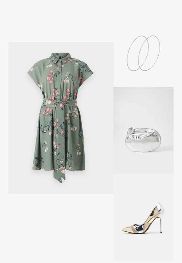 Žalios spalvos marškiniai su suknelės kirpimu, apipavidalinti rožiniais ir tamsiai žaliais gėlėmis. Yra trumpi rankovės ir surišta juosmens detalė.; Aštrus pirštas aukštakulnis batelis su sidabro, aukso ir nuogų spalvų deriniu. Blizgus paviršius su išpjovos dizainu, su stiletto kulnu.; Sidabrinė metalinė maišelio forma su švelnia, apvalia forma ir mazgu užveriamu viršumi. Pagaminta iš lygios dirbtinės odos medžiagos.; Sidabrinės pusmėnulio auskarai minimalistiniu dizainu. Apskritimo forma, lygus paviršius ir plonas profilis. Lengvi su poliruotu apdailu.