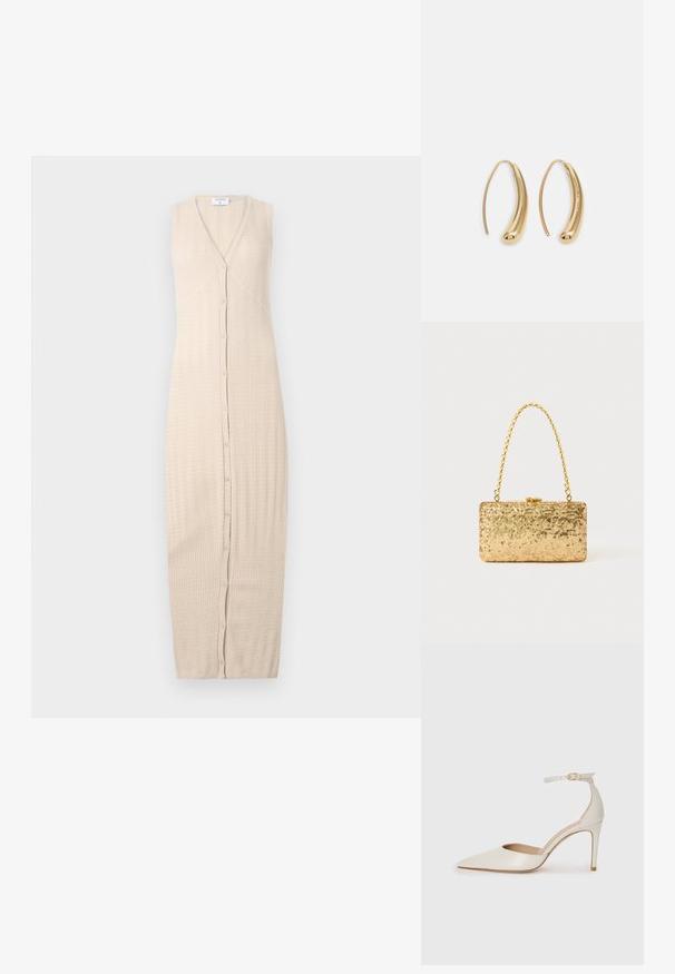 Beige neulemekko, jossa on V-aukko, ilman hihoja ja napitettava etuosa. Kangas on teksturoitu ja alaosa ulottuu lattiaan.; Valkoinen nahkainen korkokenkä, jossa on terävä kärkinen muoto, nilkkaremmi ja kapea korko. Suora pinta, jossa on hienovarainen kiiltävä viimeistely.; Kultaiset paljetti-clutchet, joissa on suorakulmainen muotoilu, kierretty ketjukahva sekä metallinen lukitus, heijastavat valoa teksturoidun pinnan ansiosta.; Korvakorut kultasävytteistä metallista, joissa on kaareva, pitkänomainen muoto. Ominaisuuksiin kuuluu sileä, kiiltävä pinta ja pyöreä kärki lisäyksinä.