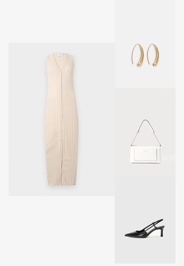 Beżowa dziana sukienka z dekoltem w kształcie V, bez rękawów oraz z zapięciem na guziki z przodu. Materiał ma teksturowany wzór i długość do ziemi.; Czarne lakierowane czółenka na obcasie typu slingback z wąskim noskiem, z teksturowanym wzorem wężowym, regulowanym paskiem oraz krótkim, teksturowanym obcasem w kształcie słupka.; Biała skórzana torebka o teksturowanym wykończeniu, z złotą łańcuszkową rączką i czarnymi akcentami. Zawiera przednią kieszeń oraz zamek błyskawiczny.; Złote metalowe kolczyki w kształcie obręczy o zakrzywionym, wydłużonym kształcie. Posiadają gładką, błyszczącą powierzchnię oraz zaokrąglony koniec dla dodatkowego efektu.
