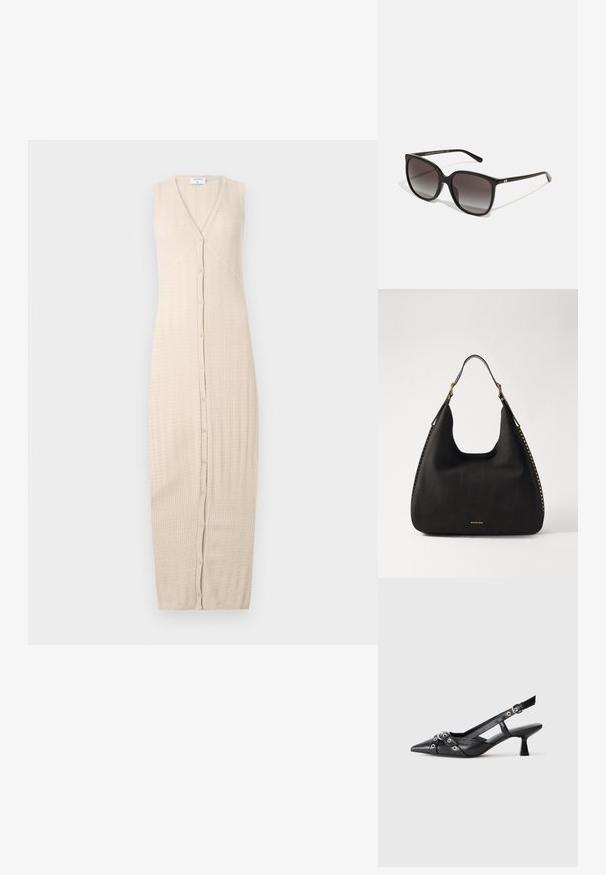 Rochie tricotată bej cu decolteu în V, design fără mâneci și închidere frontală cu butoane. Materialul are un model texturat și o siluetă lungă până la podea.; Pantofii slingback din piele neagră, cu vârful ascuțit, curele decorative cu ochiuri din metal și toc bloc mic. Suprafață texturată.; ochelari de soare dreptunghiulari negri cu lentile cu gradient, ramă din plastic și accent logo metalic pe tâmplă. Design clasic cu textură netedă.; MICHAEL Michael Kors NOLITA HOBO  - Geantă de mână - black