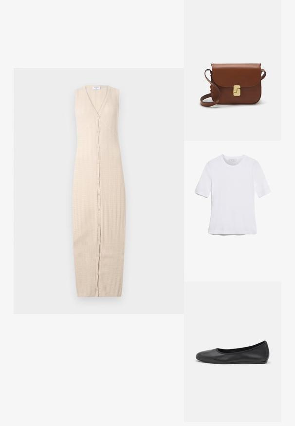 Rochie tricotată bej cu decolteu în V, design fără mâneci și închidere frontală cu butoane. Materialul are un model texturat și o siluetă lungă până la podea.; Tricou alb cu mânecă scurtă, confectionat dintr-un material texturat. Gât rotund, tăietură regulară și detalii subtile de cusătură. Fără modele sau grafice.; Balerini din piele neagră, cu vârf rotund, textură netedă, detalii de cusătură minimale și un design al tălpii flexibil.; Geantă de piele maro cu închidere tip capac, accesorii de culoare aurie, curea de umăr și o textură netedă. Formă compactă și rectangulară.