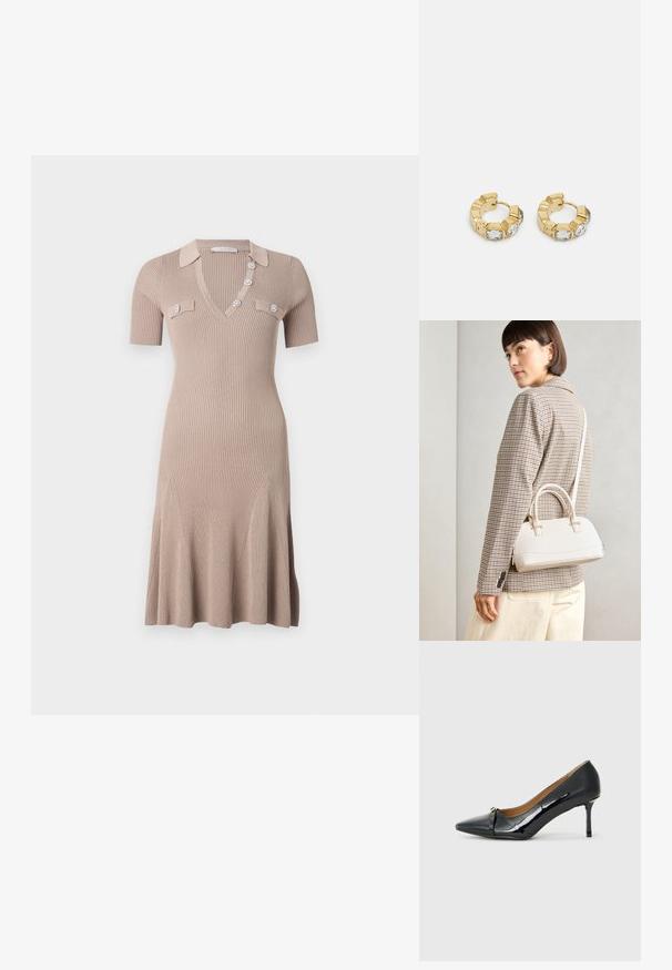 Vestido de malha em bege claro, com decote em V, mangas curtas e botões decorativos. Abertura em 'flare' com textura em relevo vertical e bolsos frontais.; Sapato de salto alto em couro laqueado preto com bico fino, detalhe de tira decorativa na parte da frente e um salto agulha fino.; Bolsa estruturada branca com alças curtas e uma alça de ombro, com detalhes em hardware dourado e material texturizado, exibida contra um fundo cinza.; Brincos de argola dourados com um design texturizado e três cristais transparentes em um lado, oferecendo uma estética geométrica moderna.