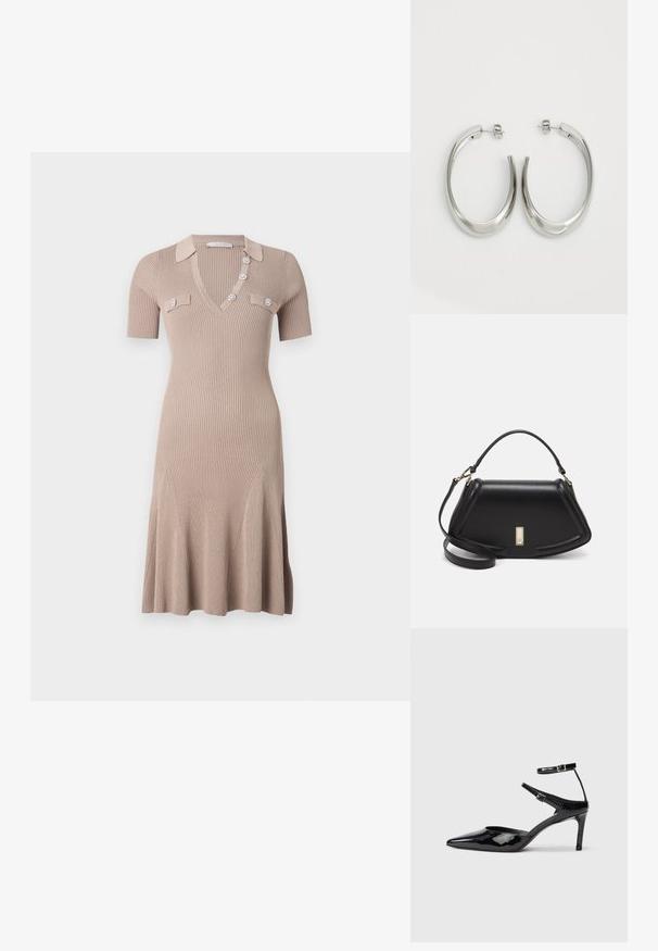 Πλεκτό φόρεμα σε ανοιχτό μπεζ χρώμα, με V-λαιμόκοψη, κοντά μανίκια και διακοσμητικά κουμπιά. Φαρδύ τελείωμα με κατακόρυφη ριμπ υφή και μπροστινές τσέπες.; Μαύρα παπούτσια με λουστρίνι δέρμα, με μυτερή μύτη, ρυθμιζόμενα λουράκια στον αστράγαλο και λεπτό τακούνι. Λεπτή υφή με γυαλιστερό φινίρισμα.; Μαύρη δερμάτινη τσάντα με δομημένο σχέδιο, που διαθέτει κομμένο σχήμα, επάνω λαβή και χρυσά μεταλλικά στοιχεία. Περιλαμβάνει ρυθμιζόμενο λουρί ώμου.; Ασημένια σκουλαρίκια κρίκοι με μαλακή, καμπυλωτή σχεδίαση. Διαθέτουν γυαλιστερή μεταλλική υφή και κλείσιμο με σφίγγα. Χωρίς ορατά μοτίβα ή διακοσμήσεις.