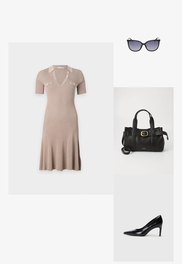 Knit dress in light beige, featuring a V-neck, short sleeves, and decorative buttons. Flared hem with vertical ribbed texture and front pockets.; Black leather high heel shoe with a pointed toe, smooth texture, and a tapered heel. Minimalist design, no additional embellishments.; Black cat-eye sunglasses with gradient lenses, featuring a smooth plastic frame and subtle metallic accents on the temples.; Black leather handbag featuring a structured design, dual top handles, gold-tone buckle accent, and embossed brand logo at the front.