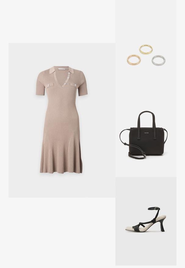 Kudottu mekko vaaleassa beigeissä, jossa on V-pääntie, lyhyet hihat ja koristeelliset napit. Laajeneva helma, jossa on pystysuora ribbitekstuuri ja etutaskut.; Mustat korkokengät, joissa on punottuolkaiminen design, neliömäinen kärki ja säädettävä nilkkahihna. Vaaleanbeige jalkapohja ja kiiltävä musta korko.; Musta käsilaukku, jossa on kaksinkertaiset lyhyet kahvat ja irrotettava olkahihna. Silkkinen nahkatunneinen materiaali, jossa on vetoketjukiinnitys ja logoyksityiskohta.; Kolme metallirengasta: yksi ruusukultainen, yksi kultainen teksturoiduilla yksityiskohdilla ja yksi hopeinen, kaikki kaiverretulla brändäyksellä sisäpuolella.