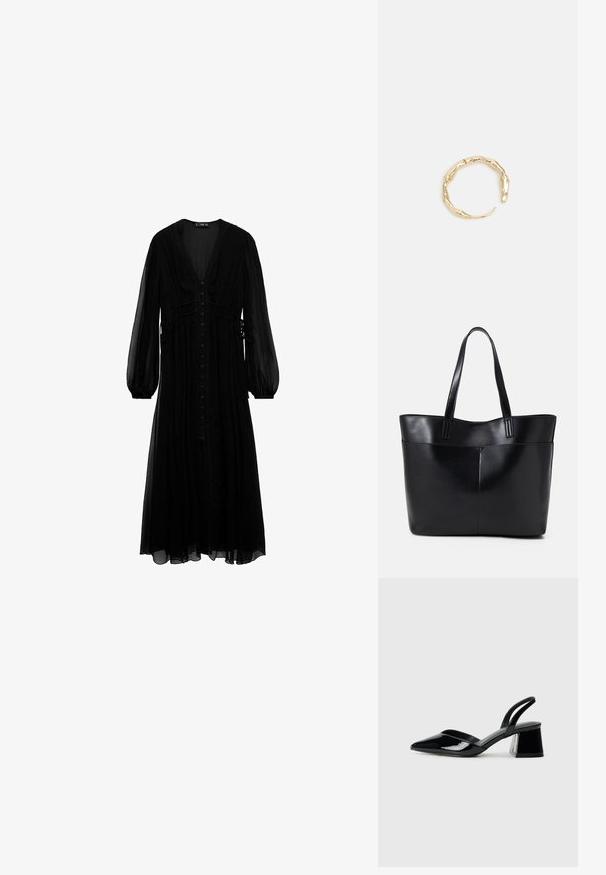 Musta maksimekko, joka on valmistettu läpinäkyvästä kankaasta, pitkähihaisilla, syvällä V-kaula-aukolla, nappisulkimella ja kokoontumisella vyötäröllä.; Mustat patentoitu nahkakengät, joissa on säären takaosa ja terävä kärki, sekä geometrinen palikkakorko. Sisältää tyylikkään, minimalistisen muotoilun ja sileän pinnan.; Musta nahkainen kassi, jossa on kaksi pitkää kahvaa, sileä pinta ja jämäkkä muoto. Sisältää etutaskun lisävarastointia varten.; Kultaketju, jossa on orgaaninen, kierretty muotoilu, sileä pinta ja cappatut päät, luoden modernin, veistoksellisen ilmeen.