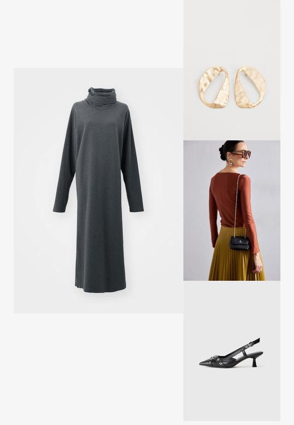 Rochie lungă, gri închis, dintr-un material moale. Are un guler drapat și mâneci lungi. Croială dreaptă, cu un design minimalist.; Pantofii slingback din piele neagră, cu vârful ascuțit, curele decorative cu ochiuri din metal și toc bloc mic. Suprafață texturată.; Vivienne Westwood SMALL PURSE CHAIN - Geantă crossbody - black; O pereche de cercei din metal de culoare aurie, cu formă ovală neregulată, având o suprafață texturată, ușor ciocănită, pe un fundal alb.