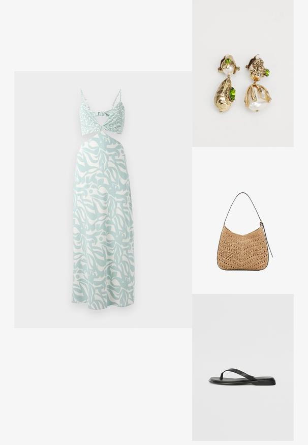 Miętowa maxi sukienka z wiązanym topem typu bustier, z abstrakcyjnym białym wzorem na całej powierzchni i cienkimi regulowanymi ramiączkami.; Czarne klapki wykonane z gładkiej skóry, z cienkim paskiem i płaską podeszwą o minimalistycznym profilu. Brak widocznych wzorów lub akcentów.; Woven straw shoulder bag in a curved shape, with a dark leather strap and a textured surface featuring a chevron pattern.; Złote kolczyki mają nieregularne teksturowane kształty, ozdobione zielonymi kamieniami szlachetnymi i białymi perłami, zapinane na zapięcia typu clip-on.
