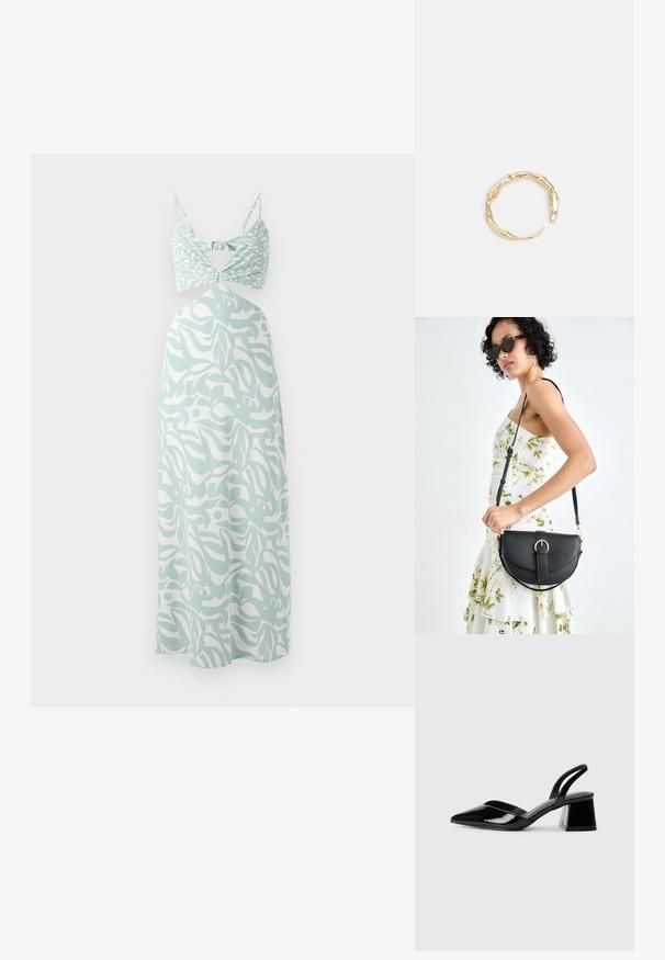 Maxi šaty v mätovo zelenej farbe s uzlovým topom bustier, majúce abstraktný biely vzor po celom obvode a tenké nastaviteľné ramienka.; Čierne lakované kožené sandálové podpätky s špicatou špičkou a geometrickým blokovým podpätkom. Disponujú elegantným, minimalistickým dizajnom a hladkým povrchom.; Čierna kožená kabelka s zaobleným tvarom, odnímateľným popruhom a zlatými doplnkami. Kabelka má klopu s detailom s prackou.; Prsteň v zlatej farbe s organickým, skrúteným dizajnom, hladkým povrchom a zužujúcimi sa koncami, vytvárajúci moderný, sochársky vzhľad.