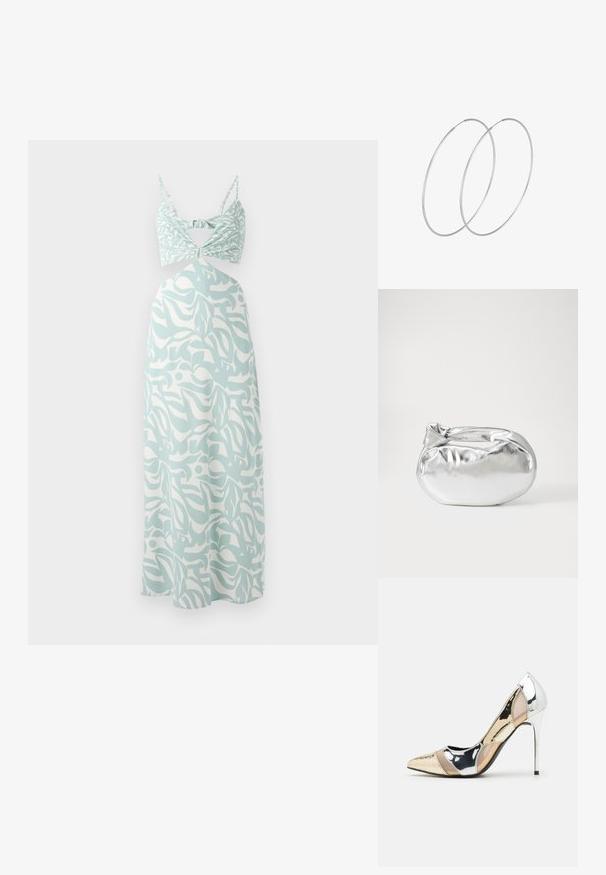 Maxi šaty v mätovo zelenej farbe s uzlovým topom bustier, majúce abstraktný biely vzor po celom obvode a tenké nastaviteľné ramienka.; Lodičky s špičatou špičkou v striebornom, zlatom a telovom farebnom prevedení. Lesklý povrch s výrezovým dizajnom, s ihlovým opätkom.; Strieborná metalická taška s mäkkým, zaobleným tvarom a uzáverom s uzlíkom. Vyrobená z hladkej syntetickej kože.; Strieborné kruhové náušnice s minimalistickým dizajnom. Cirkulárny tvar, hladký povrch a tenký profil. Ľahké s lesklým povrchom.