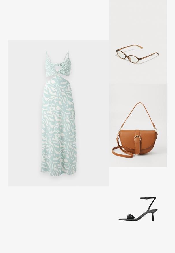 Mint-vihreä maksimekko, jossa on solmittu bustier-yläosa, ja jossa on koko mekon läpi kulkeva abstrakti valkoinen kuvio sekä ohuet säädettävät olkaimet.; Bershka Korolliset sandaalit - black; Ruskeat kilpikonnaruutulasiset silmälasit, joissa ovaalit linssit, ohuet varret ja läpinäkyvät yksityiskohdat. Temppeleissä on huomaamaton logo. Suunnittelultaan suora ja kevyt.; Ruskean nahkainen olkalaukku, jossa on kaareva muoto, kultaiset yksityiskohdat ja solkiyksityiskohta. Varustettu irrotettavalla olkahihnalla.