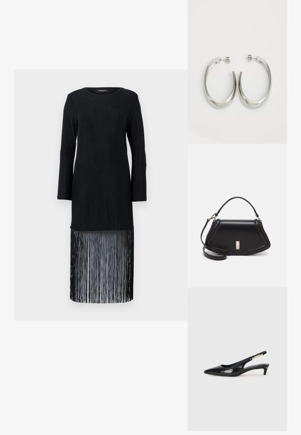 Musta pitkähihaista mekkoa, jossa on kiinteä yläosa ja reunat frangeilla. Kangas on hienostuneesti kiiltävä, mikä tuo tekstuurikontrastia frangivipan kanssa.; Mustat nahkaiset slingback-korkokengät, joissa on terävä kärki, ohuet korot ja kultasävytteinen yksityiskohta säädettävässä hihnassa. Silkkinen pinta.; Mustalla nahkalaukulla, jossa on jämäkkä muotoilu, lyhyt malli, yläkahva ja kultaiset yksityiskohdat. Säädettävä olkahihna sisältyy.; Hope hopeista, joissa on sileä, kaareva muotoilu. Varustettu kiiltävällä metallipinnoitteella ja nappikiinnityksellä. Ei näkyviä kuvioita tai koristeluja.