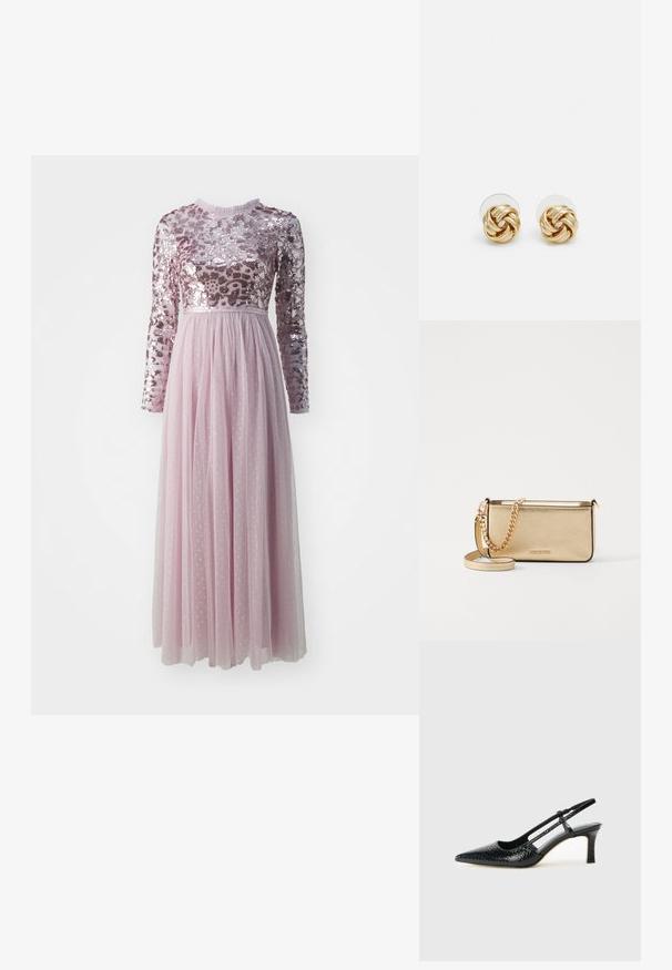 Needle & Thread TEMPEST BODICE ANKLE GOWN - Robe de cocktail - mauve; Escarpin slingback en vernis noir avec un bout pointu, présentant un imprimé serpent texturé, une sangle réglable et un petit talon bloc texturé.; Pochette en cuir doré métallisé avec une finition texturée, dotée d'une chaîne dorée et d'une bandoulière amovible. Logo de la marque estampé.; Boucles d'oreilles avec clou en métal doré et design torsadé. Chaque boucle d'oreille est dotée d'un arrière transparent circulaire pour un port sécurisé.