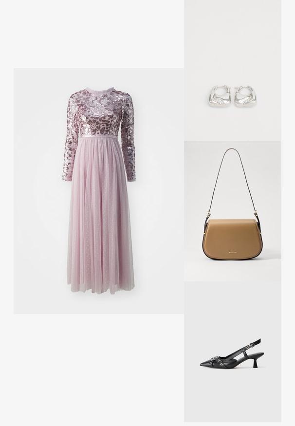 Needle & Thread TEMPEST BODICE ANKLE GOWN - Ballkleid - mauve; Schwarzer Leder-Slingback-Schuh mit spitz zulaufender Zehenpartie, dekorativen Riemen mit METALLÖSEN und niedrigem Blockabsatz. Strukturelle Oberfläche.; Helle Leder-Crossbody-Tasche mit einer geschwungenen Form, goldenen Hardware-Akzenten und einem schmalen dunklen Tragegurt. Glatte Textur mit Nähdetails.; Silberne Creolen mit einem glatten, runden Design und einem wellenförmigen Akzent, der kleine, klare Strasssteine entlang einer Kante enthält.