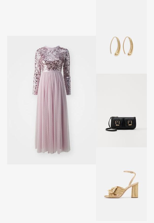 Needle & Thread TEMPEST BODICE ANKLE GOWN - Gallakjole - mauve; Guldhælede sandaler med en knyttet front, plisseret tekstur og en ankelrem. Blokhælen har et ribbet design, der forbedrer grebet.; Sort læder crossbody taske med to frontlommer, guldspænder, lynlåslukning og en slank rem. Struktureret overflade og kompakt rektangulær form.; Guldfarvede metal hoops øreringe med en bøjet, forlænget form. Har en glat, skinnende overflade og en afrundet spids for ekstra detalje.