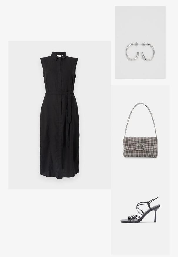 Juodas lininis sijonas su apykakle, be rankovių ir su juosmeniu surištas dirželiu. Yra priekiniai mygtukų užsegimai ir tiesus kirpimas.; Juodos aukštakulnės sandalai pasižymi plonyčiais dirželiais su mazgo dizainu, lygiu kvadratiniu pirštu ir elegantišku stiletto kulnu.; Šviesiai pilka metalinė rankinė su grandinėlės dirželiu, papuošta mažais apvaliais metaliniais smeigėmis ir trikampiu prekės ženklu.; Sidabrinės auskarai žiedai su lygiu, blizgiu paviršiumi. Suapvalinta forma, lengvas dizainas, su uždarymu ant smeigtuko.