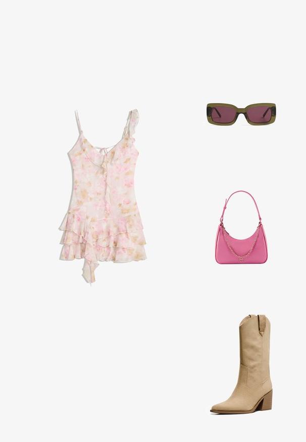 Ljust rosa blommig klänning med volanglager, asymmetrisk fåll, tunna axelremmar och en liten knytning i ryggen.; Bershka HIGH-HEEL - Cowboy- / Bikerboots - beige; Rektangulära solglasögon med en olivgrön ram och djupt rosa linser. Ramen har en glansig finish, medan bågarna är eleganta och raka.; Rosa syntetisk axelväska med en böjd form, slät yta, avtagbar kedjesnodd och en cirkulär logotypdetalj på framsidan.