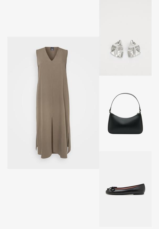 Ärmlös klänning i olivgrön färg i mjukt tyg, med V-ringning, sidofickor och rak skärning, lämplig för lager-på-lager-stil.; Svart läderskon i balettstil med rund tå, prydd med en dekorativ rosett och slät yta. Minimalistisk design med en låg, platt sula.; Svart läderaxelväska med en böjd form, enkel platt rem och dragkedja upptill. Slät yta med minimala detaljer i metall.; Silverfärgade metallörhängen med en vågig, skulptural design som har en polerad yta och oregelbundna former, vilket framhäver en samtida estetik.