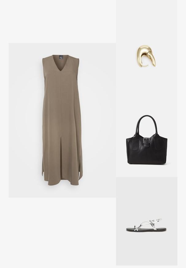 Bežė žalia suknelė be rankovių, pagaminta iš minkštos medžiagos, su V formos iškirpimu, šoninėmis skeltuvėmis ir tiesiu kirpimu, tinkama sluoksniavimui.; Sidabriniai metaliniai sandalai su minimalistiniu dizainu, turintys plonas dirželius ir juodą plokščią padą. Išskirtinai pabrėžiami kryžminiai dirželių akcentai.; Juodas odinis nešiojamas krepšys su lygiu paviršiumi, struktūrine forma, dviem rankenėlėmis ir ryškiu sidabriniu sagties akcentu priekyje.; Aukso tono metalinės auskarai su stilingu, kreiviu dizainu. Išsiskiria ryškiu smailiu pavidalu, poliruota paviršiumi ir užsegimu su vyriu.